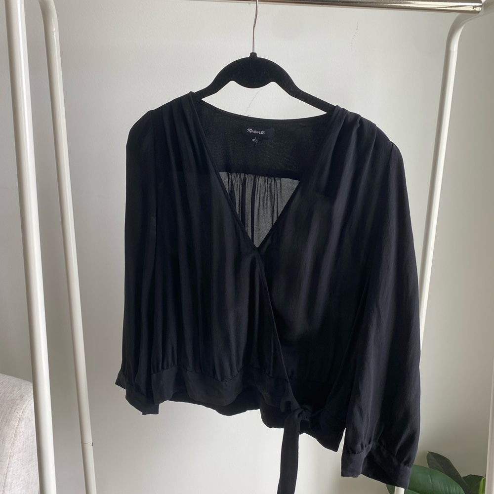 Black Silk Puff Sleeve Tie Shirt - Madewell - size L